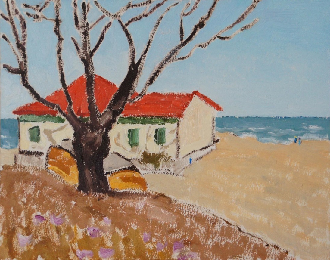 landscape with a red-roofed beach house on the beach itself with a tree on a grassy hill in the foreground; pink petals are scattered across the hill's grass