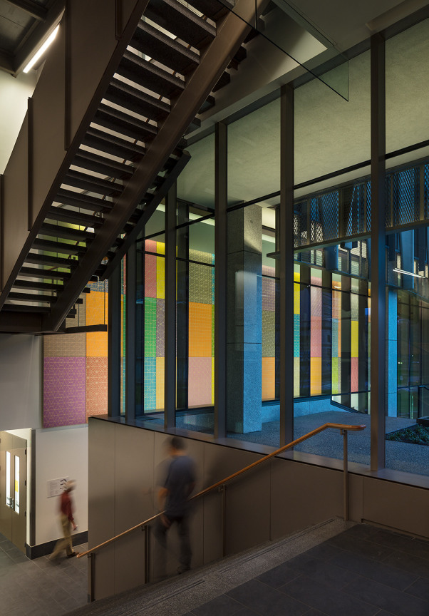 Plywood paneling, fretted glass, ceramic tile, wood and porcelain flooring, and concrete pavers: Installation View