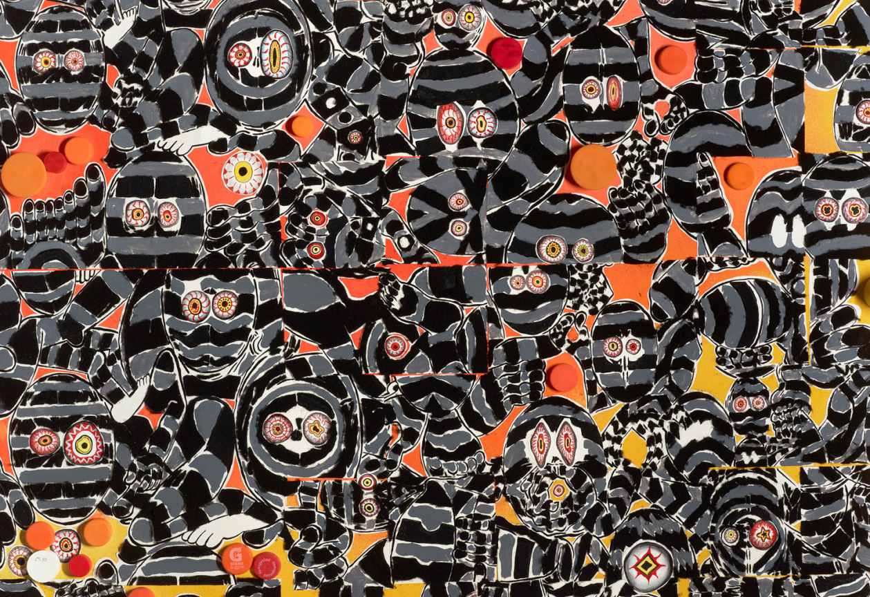 Detail of Acrylic, graphite, plastic tops, faux fur, paper collage on canvas