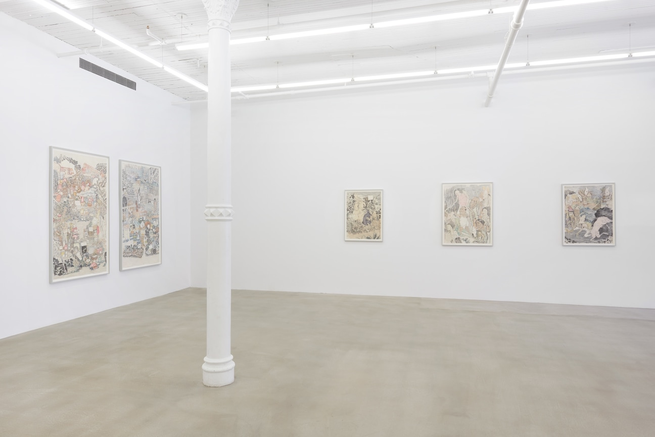 installation view of several artworks