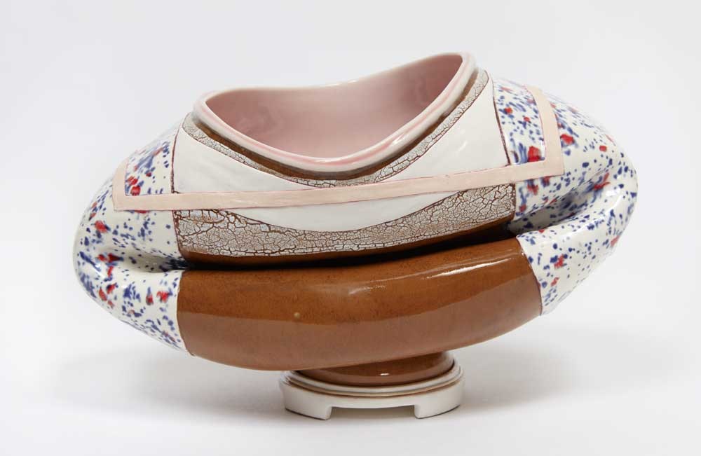 Conical clay bowl with a pink stripe by Kathy Butterly.