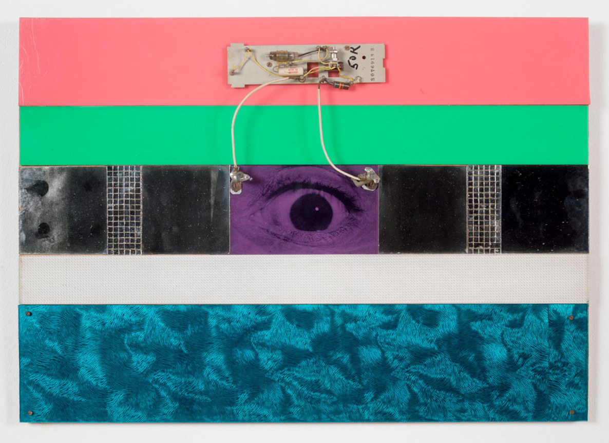 wooden panel divided into sections: a pink section with a microchip, a mint green section, a section with an eye, a white section, and a blue section; the microchip is attached to the eye