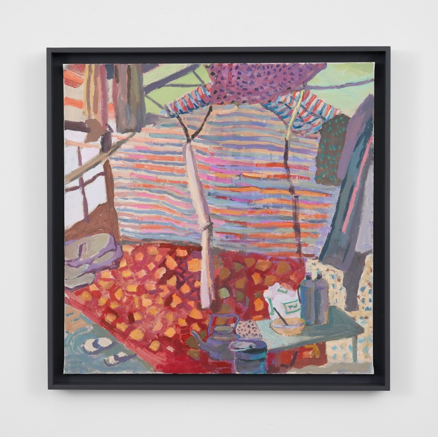 a depiction of the inside of a colorful, striped, tent with pots and other daily use items within