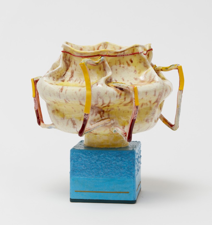 Wide porcelain bowl with narrow base with thin, angular protruding handles by Kathy Butterly.