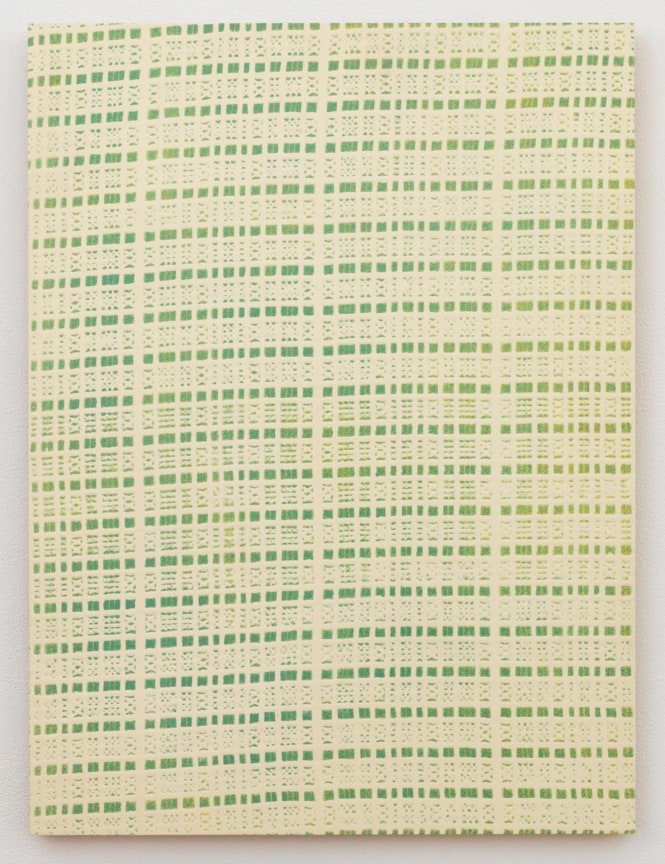 , MICHELLE GRABNER&nbsp;Green and Yellow Curtain,&nbsp;1998&nbsp;Enamel on panel&nbsp;24 x 18 in. (61 x 45.7 cm)