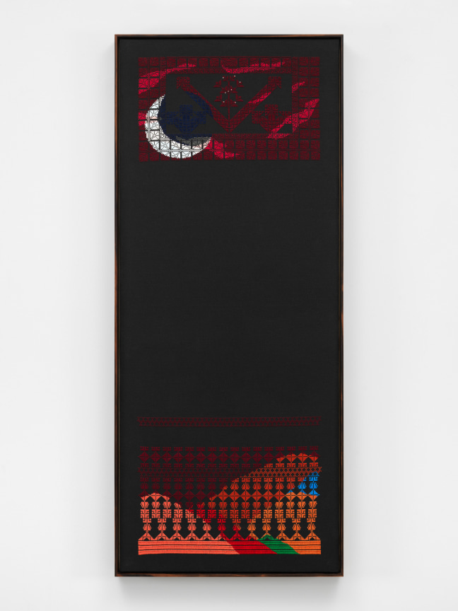 Hand embroidered landscape at night, with warm, red, vampy tones