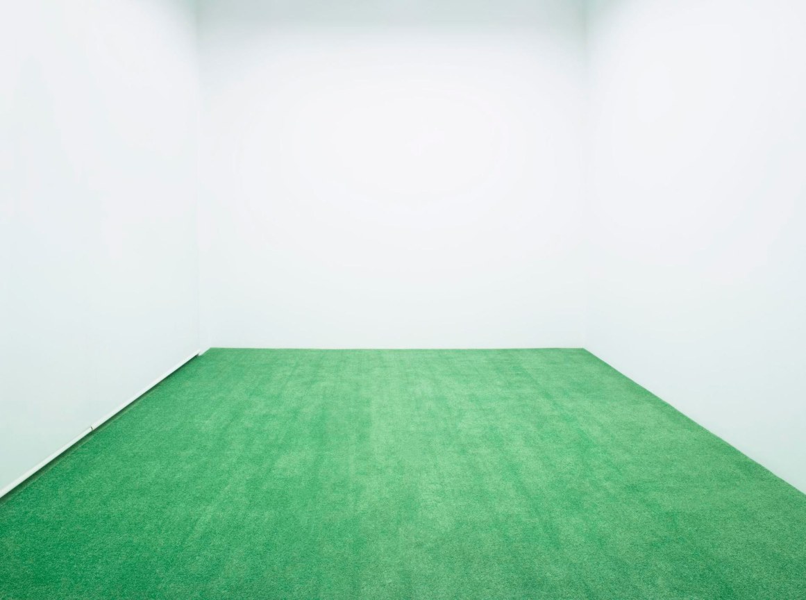 installation view of an artwork composed of fake grass on the floor