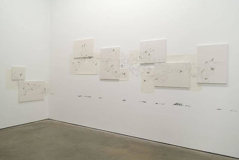 artworks on paper, canvas, and on the wall directly