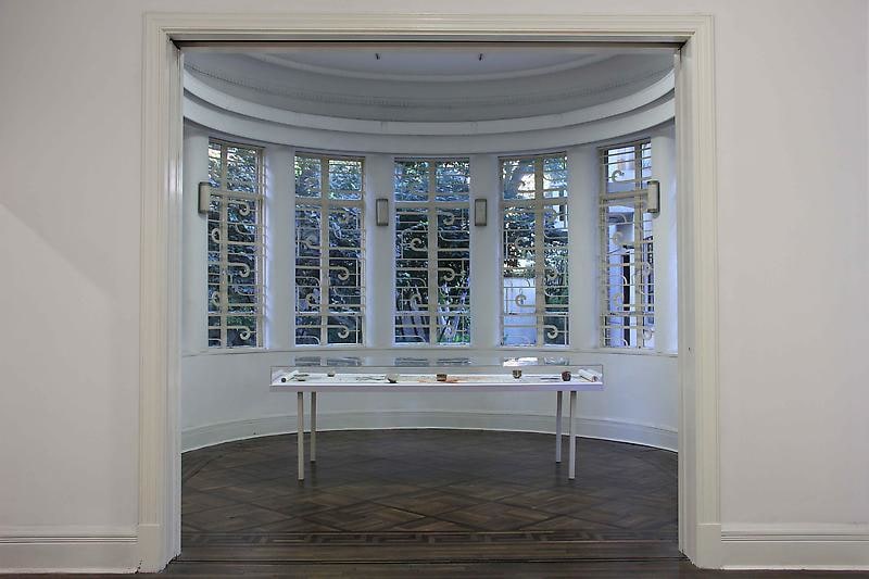 installation view of a glass case