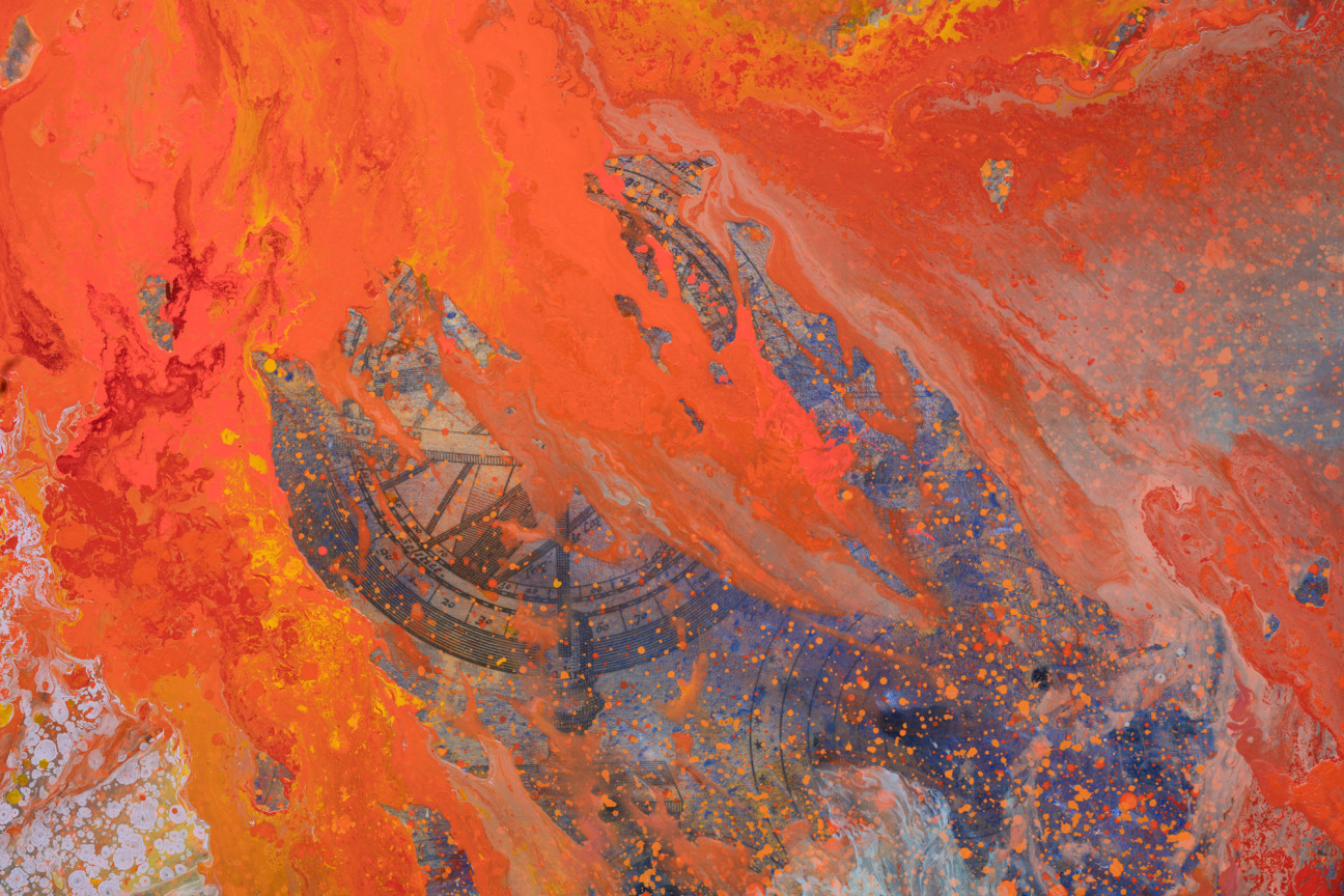 thick bright orange oil paint spill on canvas