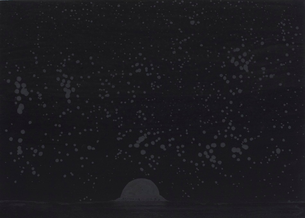 Abstract painting with a dark background and dots of grey