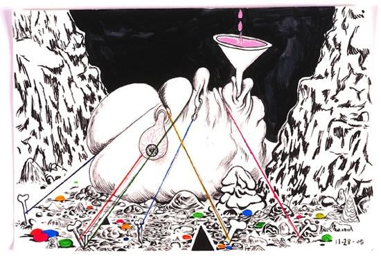 anthropomorphic creature tied to the floor of a cave; the strings holding it down are tied to bones