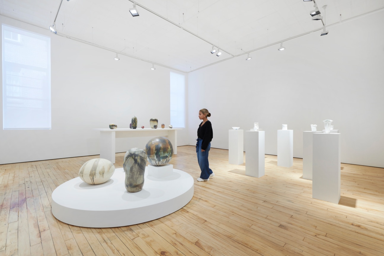 several sculptures on pedestals