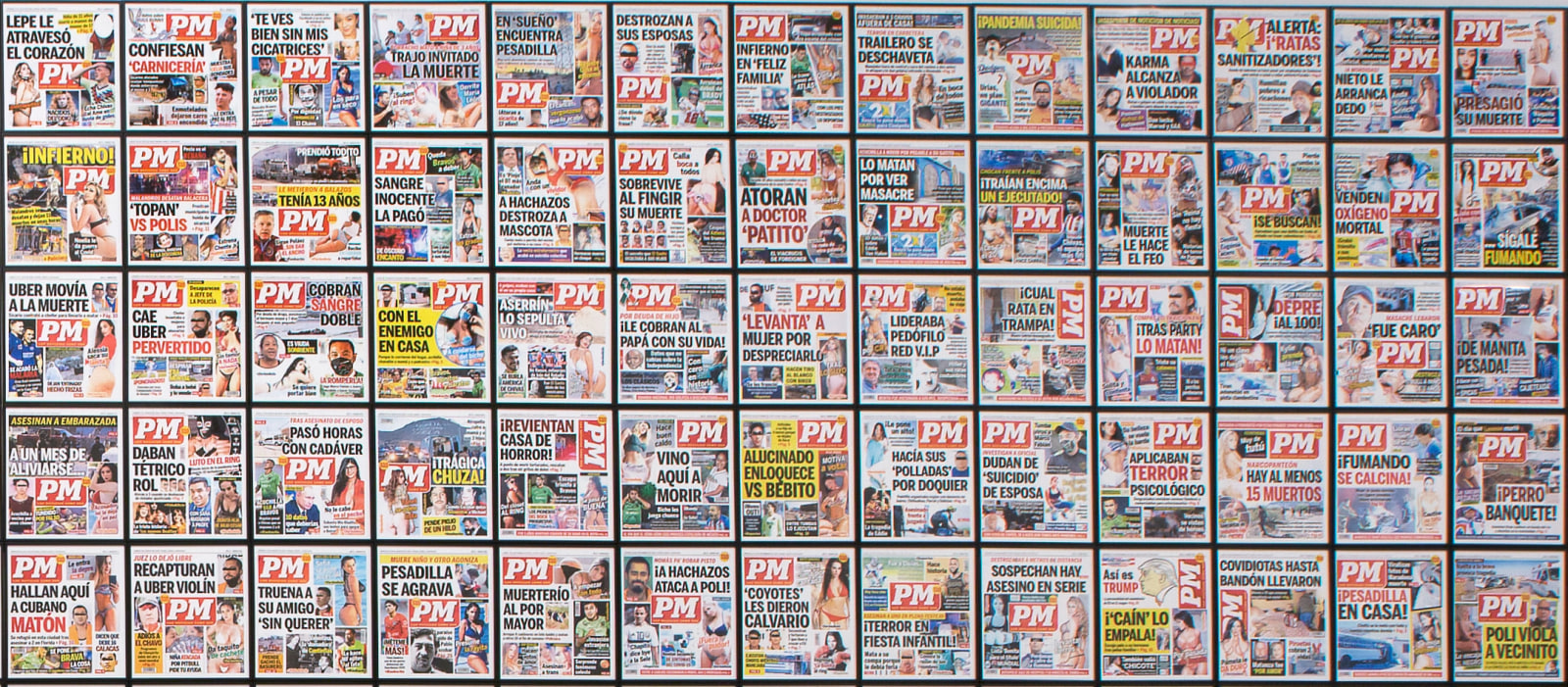 Close-up view of 65 print reproductions of PM evening newspaper