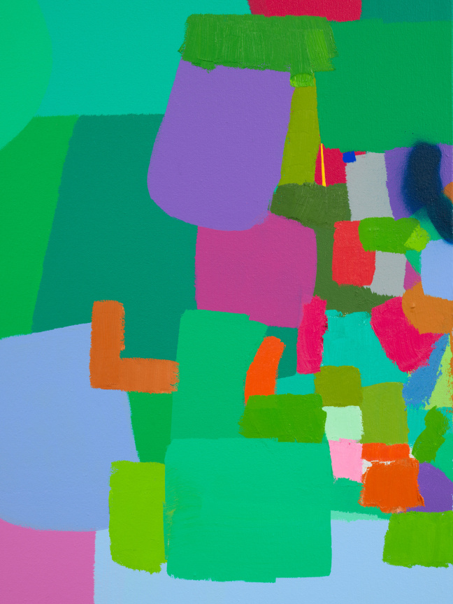 close up of Federico Herrero's &quot;Acorde&oacute;n de luz&quot; focusing on smooth, painted shapesof varying colors