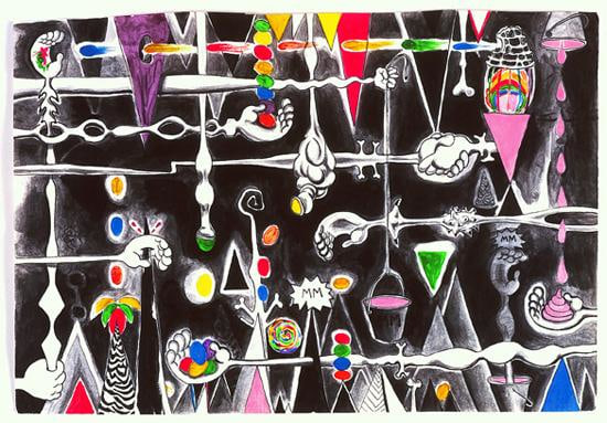 several long arms and hands stretched out holding pill-like objects