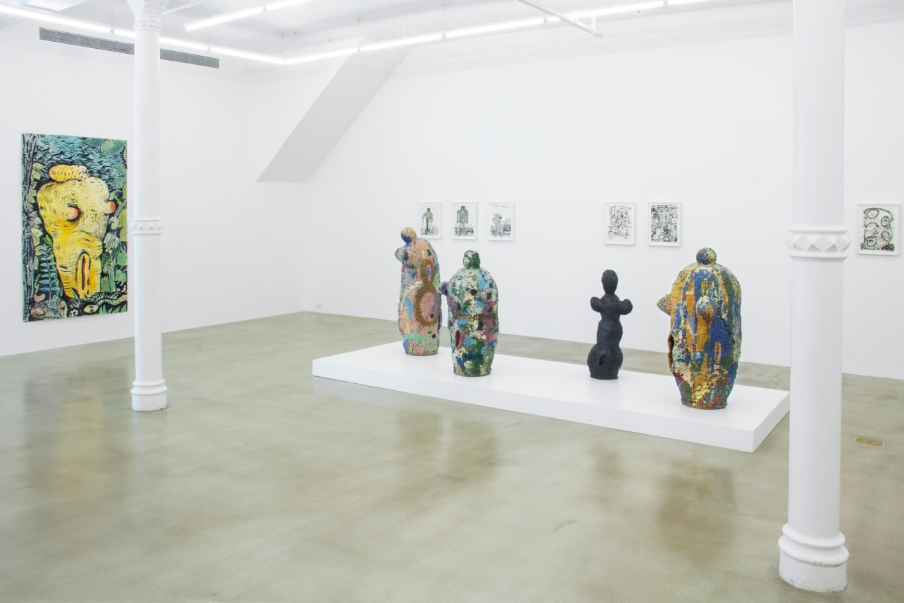 installation view of several artworks