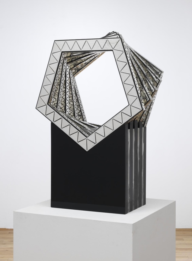 Geometric Mirrored Glass and Standing Acrylic Sheet on Pedestal by MONIR SHAHROUDY FARMANFARMAIAN