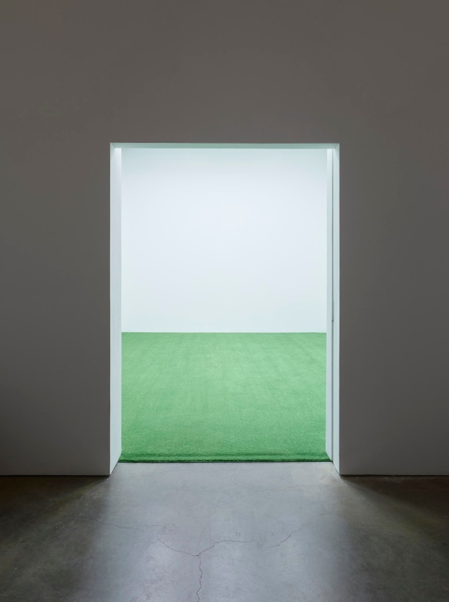 installation view of an artwork composed of fake grass on the floor