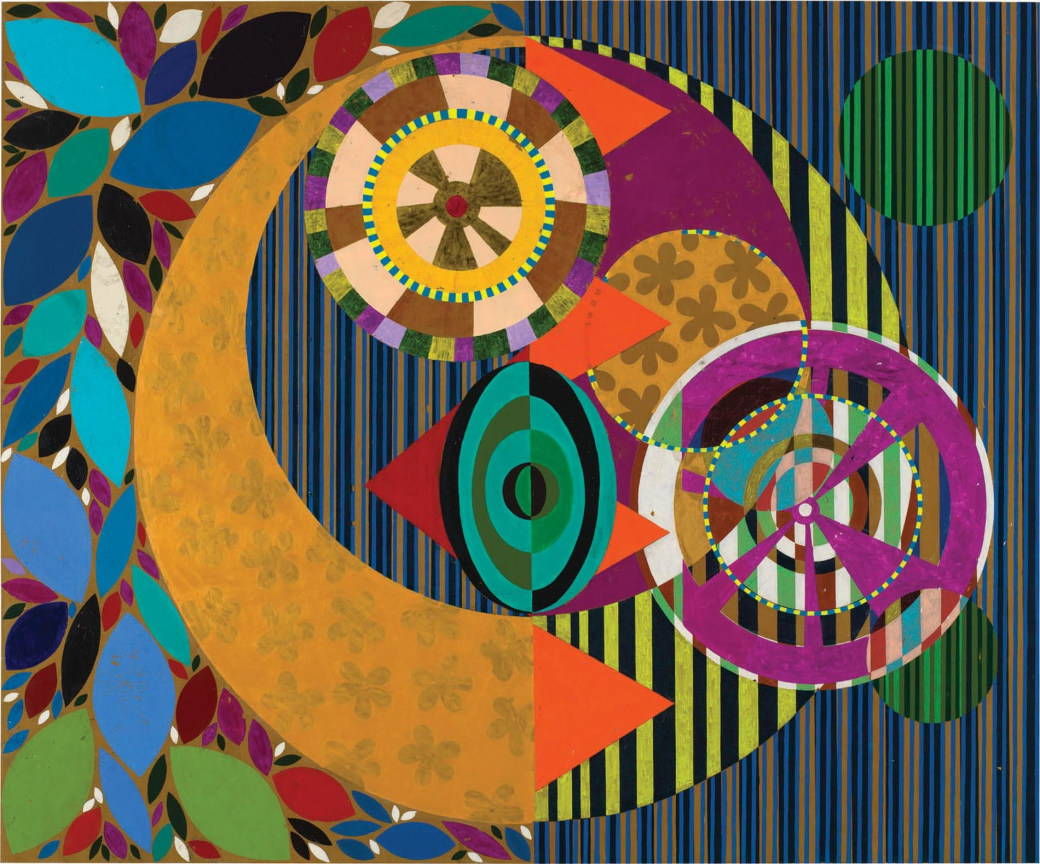 amalgamation of stripes, circles, flowers, and colors