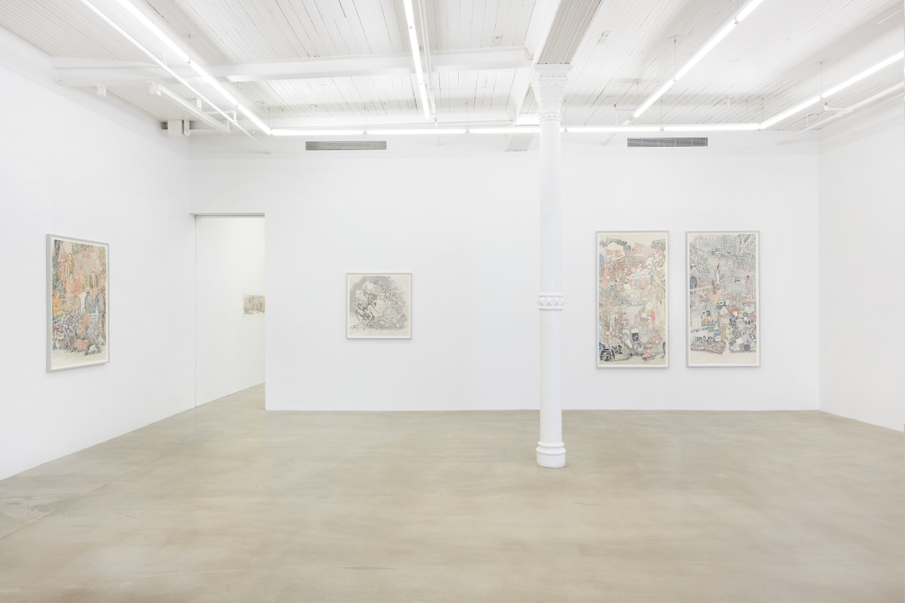 installation view of several artworks