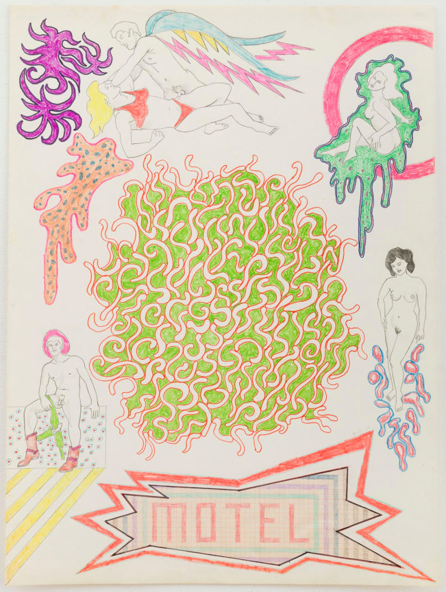 green, wormy shape in the center surrounded by nude figures and the word &quot;motel&quot; in a sound effect bubble