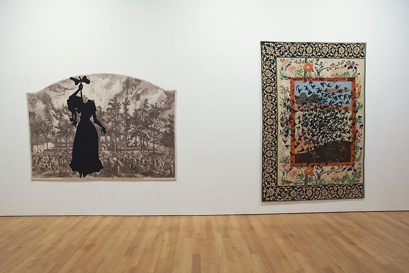 installation view of two tapestries