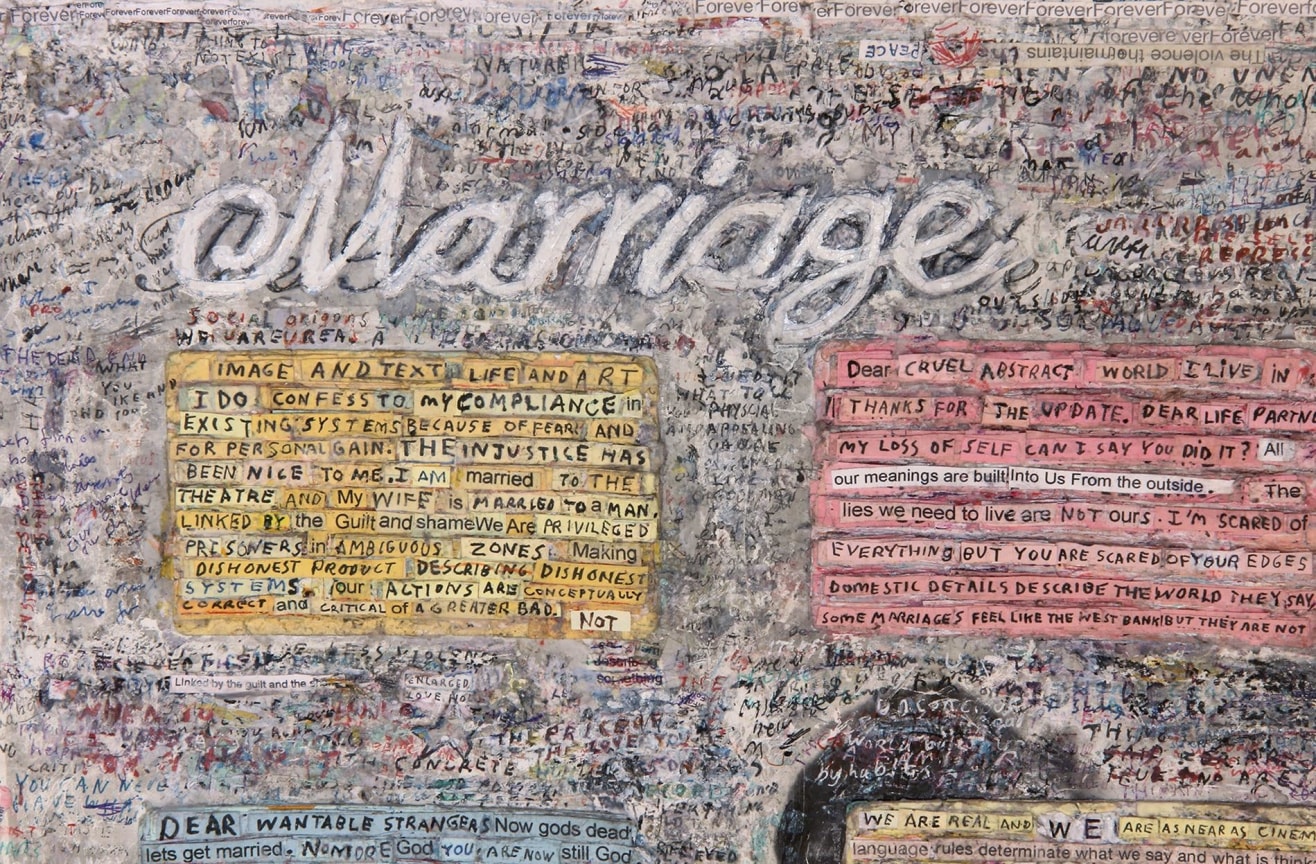 Detail shot of a collaged depiction of a husband and wife kissing obscured by pieces of collage paper by SIMON EVANS&trade;.