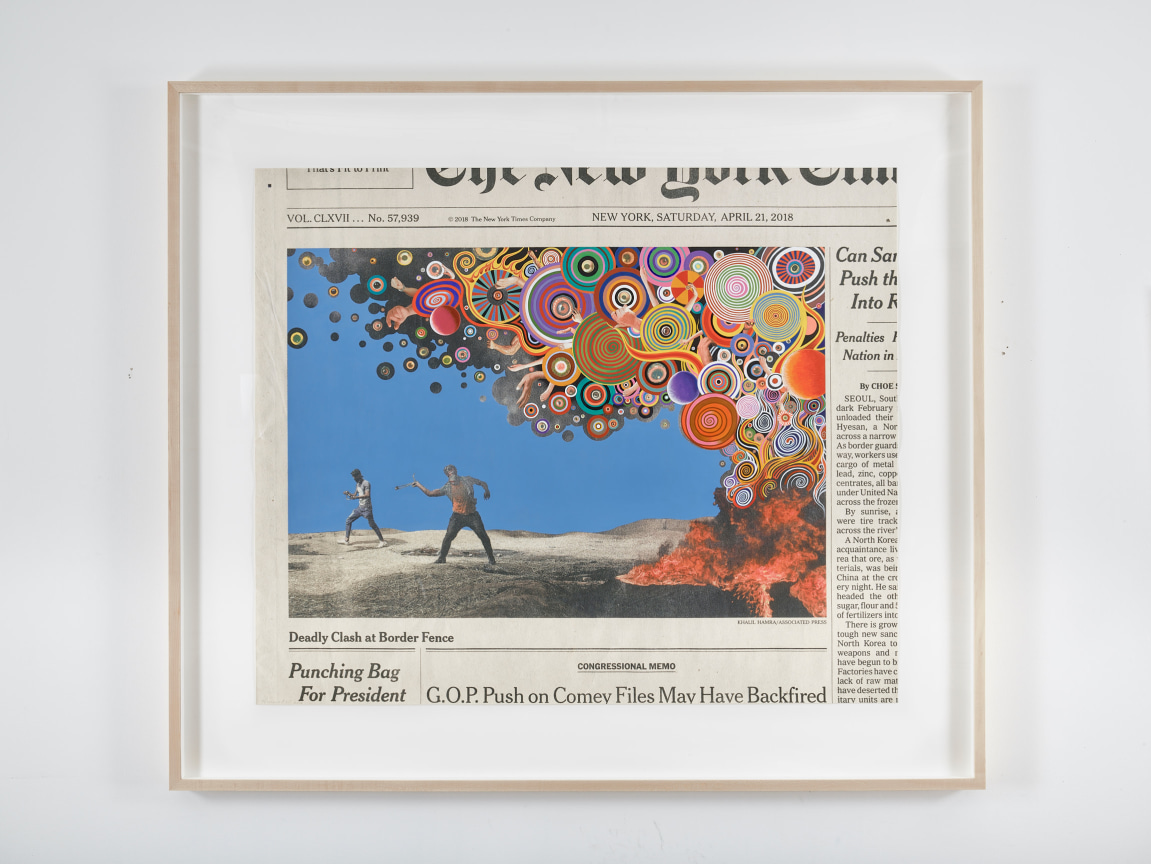 edited newspaper article with collage and paint