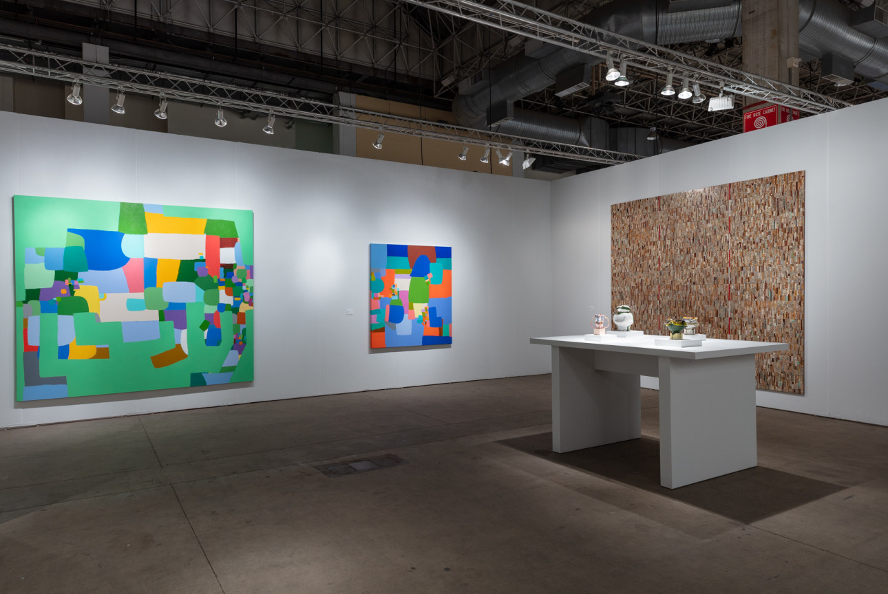James Cohan's booth at EXPO Chicago featuring work by Kathy Butterly, Federico Herrero, Jordan Nassar, and Elias Sime