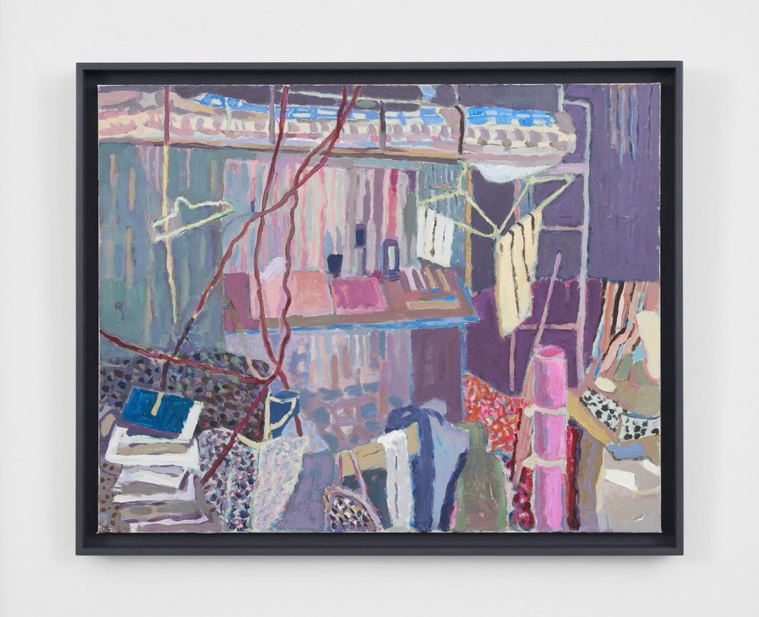 painting of a bedroom with miscellaneous objects and a bunk bed