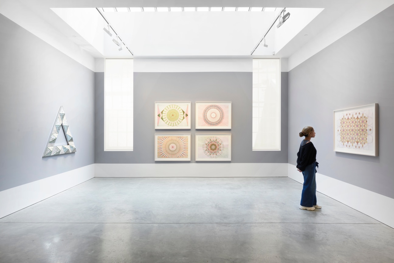 person looking at one of several drawings