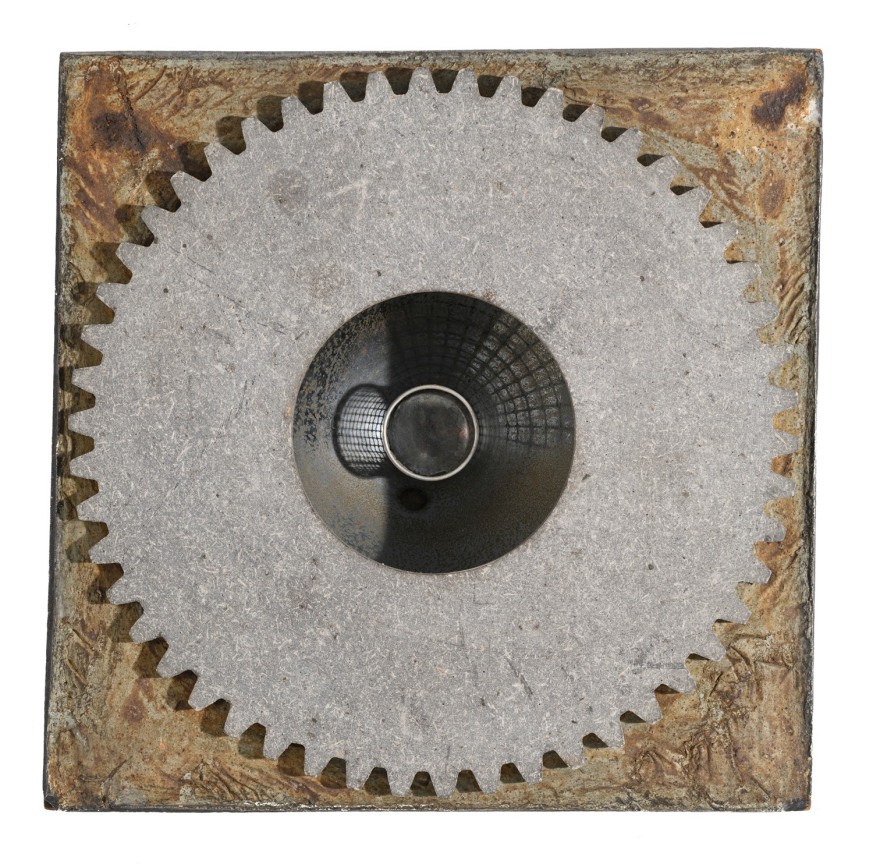 Machinery gear and mixed media on Masonite