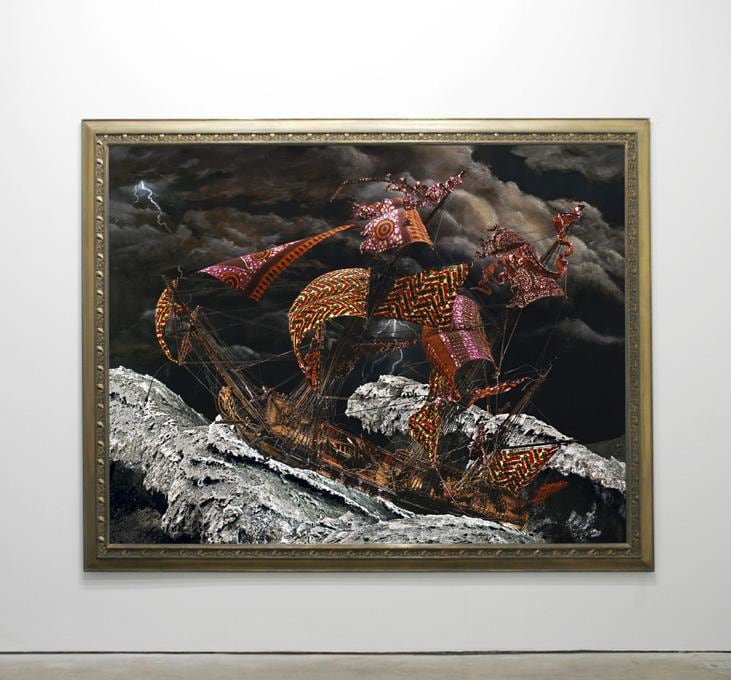 painting of ship navigating roaring waters