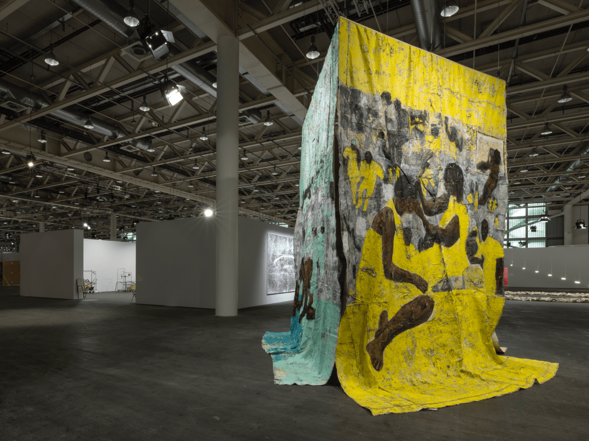 Installation view of Kaloki Nyamai's Dining in Chaos Triptych