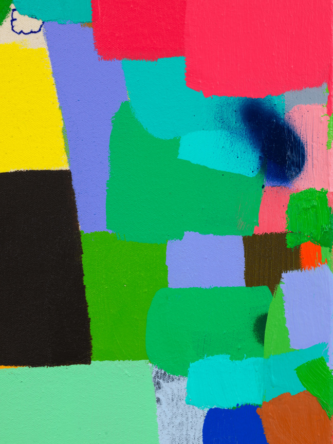 close up of Federico Herrero's &quot;Sin t&iacute;tulo&quot; focusing on smooth, painted shapesof varying colors