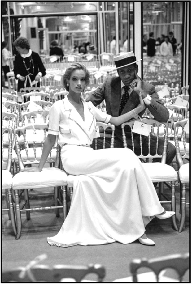 Arthur Elgort, Bonnie Berman & Andre Leon Talley after Chanel show, Paris, 1983