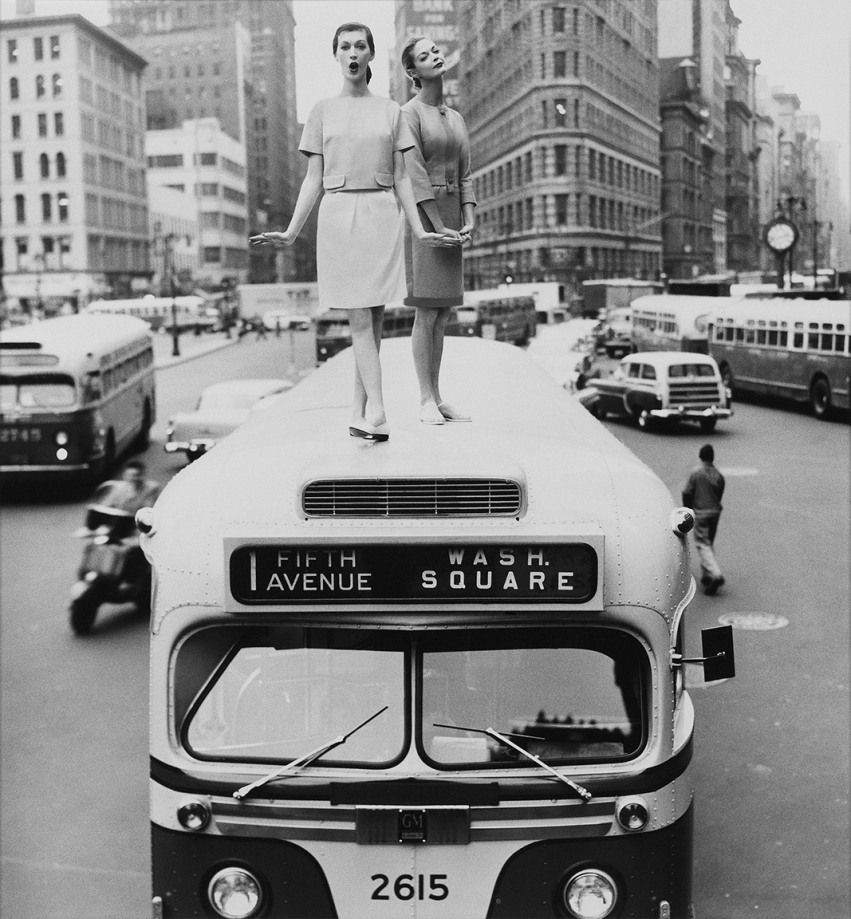 William Helburn, Bus Top: Dovima and Jean Patchett, Madison Square, New York, Harper's Bazaar, 1958