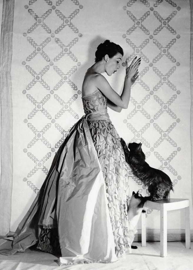 Louise Dahl-Wolfe, Mary Jane Russell in a Balenciaga Gown with Cat, Paris, 1951