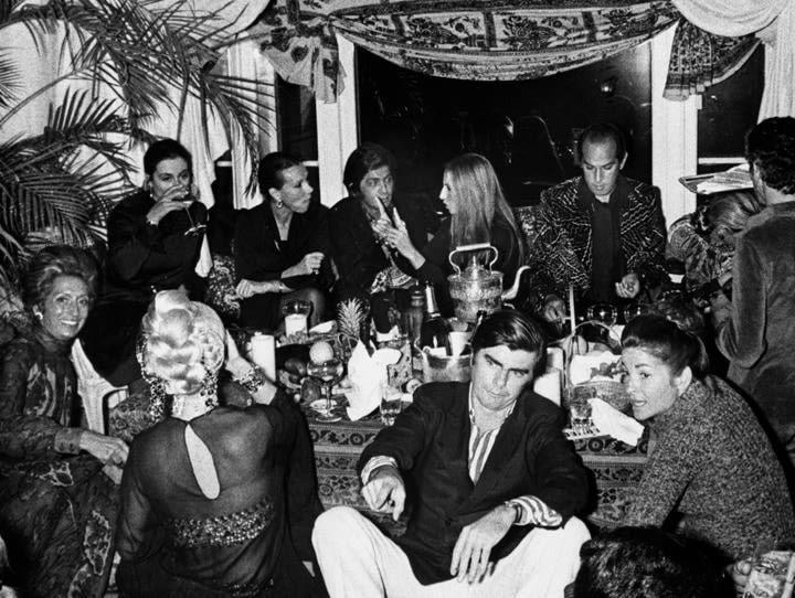 Ron Galella Oscar de la Renta with wife Francoise, James Brady, Barbara Streisand and Valentino at a Valentino post-show party, the Pierre Hotel, NYC, September 27, 1970