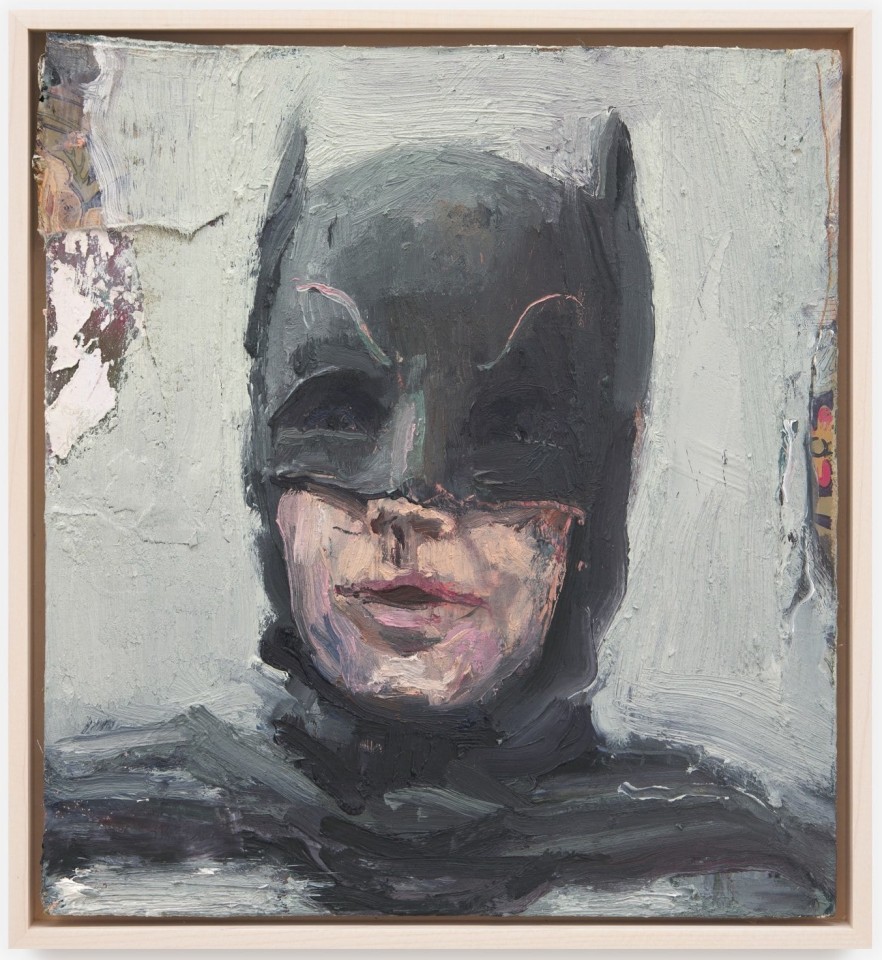 Seth Becker, &quot;Caped Crusader,&quot; 2023. Oil and collage on panel; Work: 9 &times; 9 &frac34; in (22.9 &times; 24.8 cm)&nbsp;