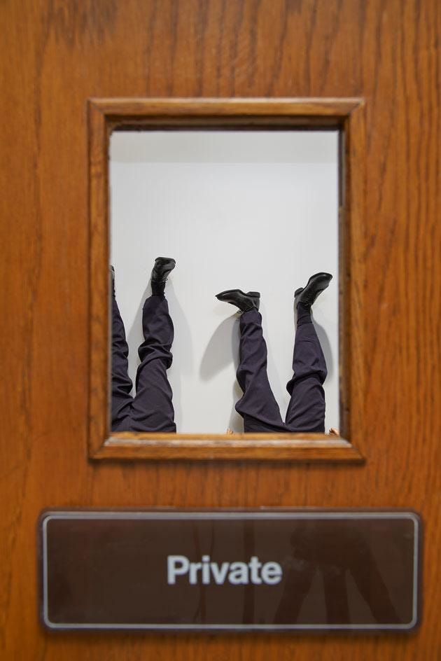 The works are visible through portholes, windows and keyholes set within different wooden doors, heightening the sense of drama already palpable in the works