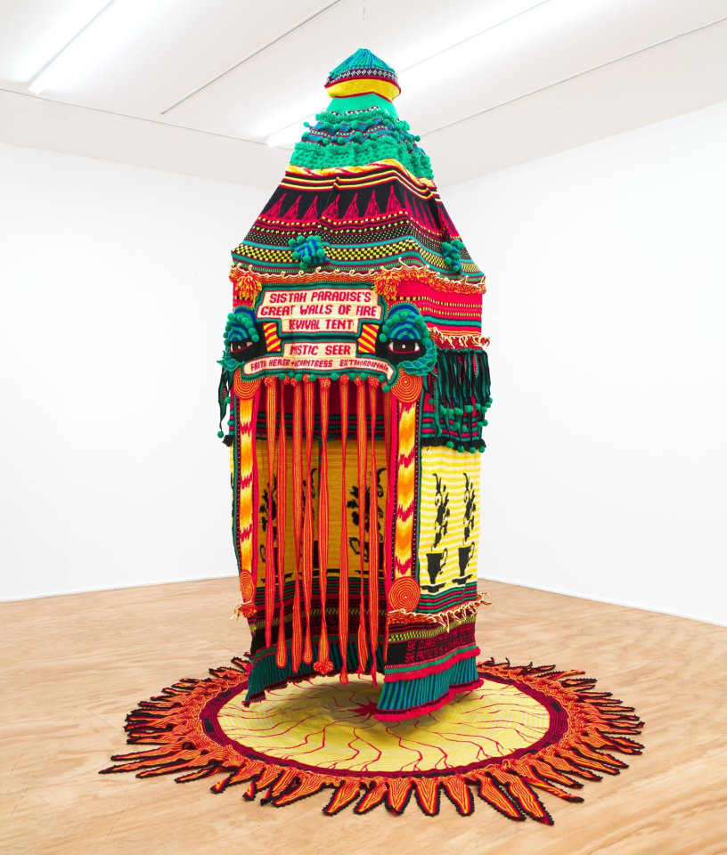 &ldquo;Sistah Paradise&rsquo;s Great Walls of Fire Revival Tent&rdquo; (1993/1999/2009), hand-crocheted cotton and acrylic yarns, metal frame, electrical tape, and cowry shells, 144 x 60 x 60 inches. All images &copy; Xenobia Bailey, courtesy of Venus Over Manhattan, shared with permission