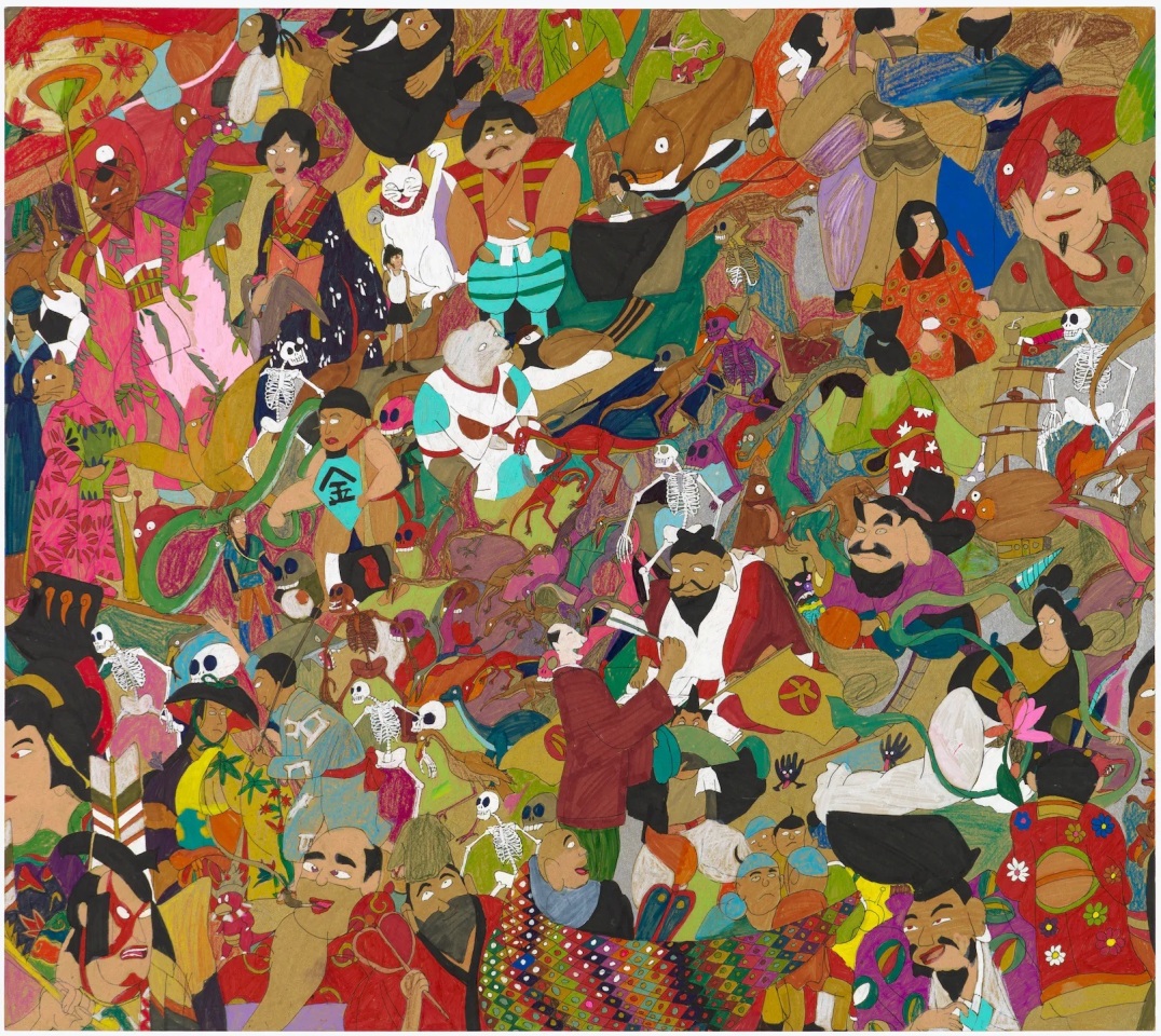 Untitled (No. 62), 2023. Colored pencil, marker and ink on cardboard; 29 x 32 1/2 in (73.7 x 82.5 cm)., All images of works by Yuichiro Ukai courtesy of the artist, Yukiko Koide Presents, Kyoto, and Venus Over Manhattan, New York.