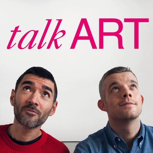Image of two men looking up at text that reads &quot;Talk Art&quot;