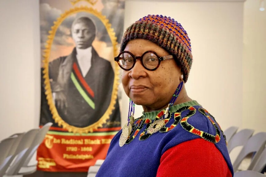 Textile artist Xenobia Bailey designed the banners that have been installed around the Pennsylvania Historical Society, celebrating &#039;&#039;The Radical Black Elite&#039;&#039; of Philadelphia from 1720 to 1862. Her presentation was a sponsored by a collaboration between the Historical Society and the Association for Public Art. (Emma Lee/WHYY)