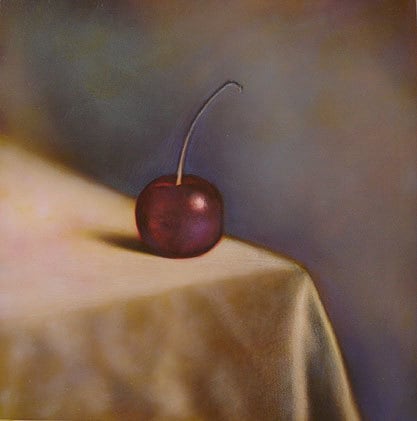 Still Life with Cherry, hand-colored gelatin silver print, 9 x 9 inches