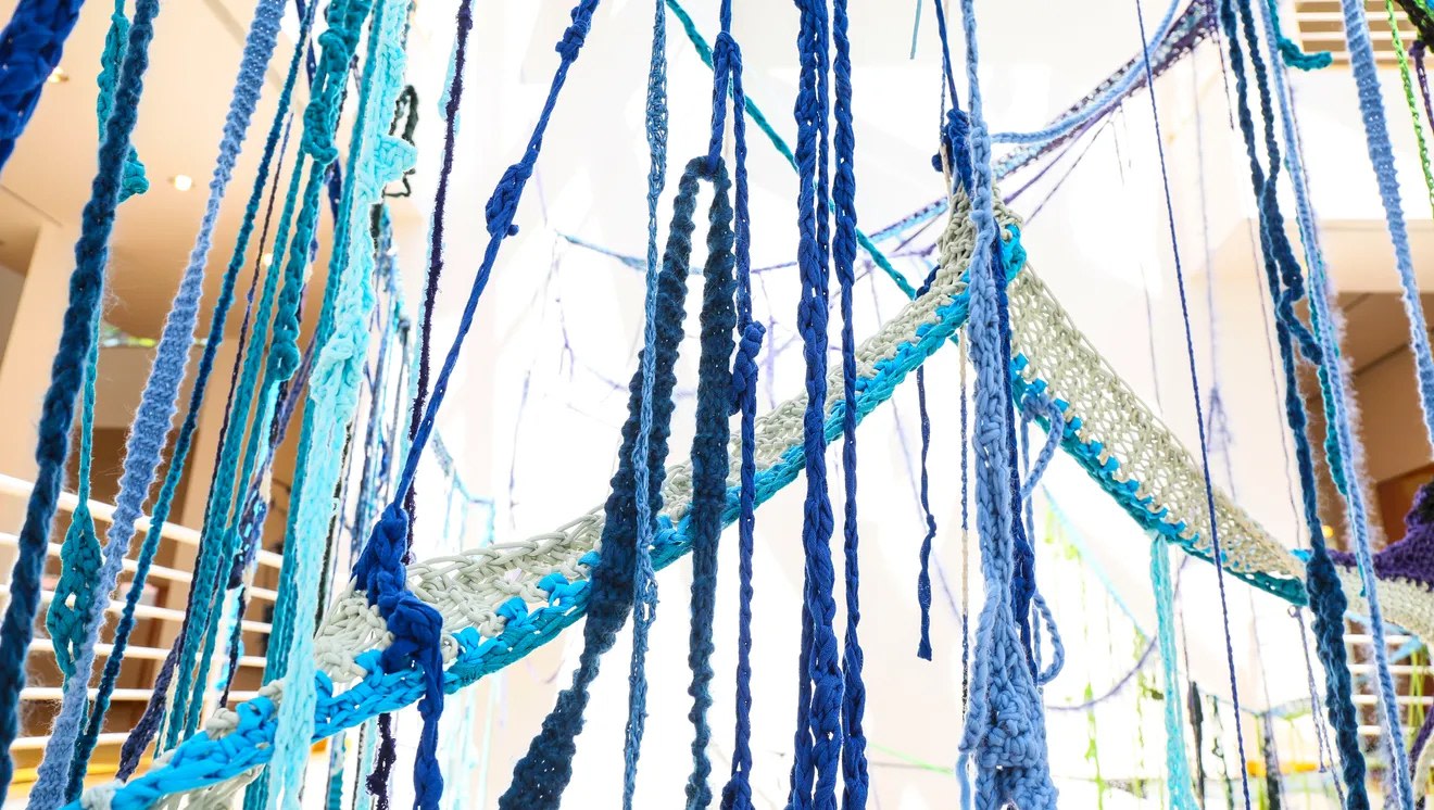 Sheila Pepe - &quot;Put Me Down Gently,&quot; 2014 &quot;Fiber: Sculpture 1960&ndash;present&quot; runs May 9 to Aug. 2 at the Des Moines Art Center. Rodney White/The Register