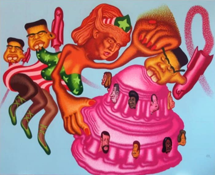 Trump Becomes a Wonder Woman, Unifies the Country and Fights Rocket Man, 2017 - Peter Saul&nbsp;