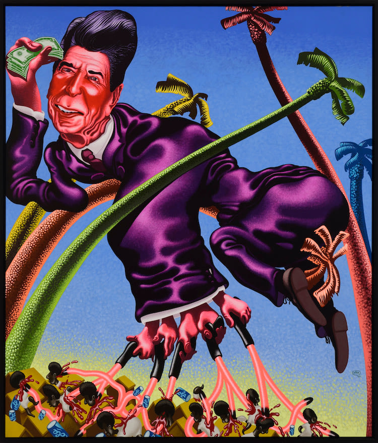 Peter Saul, Ronald Reagan in Grenada, 1984. Acrylic on canvas, 82 1/2 x 71 in. Hall Collection, Courtesy Hall Art Foundation. Photo: Jeffrey Nintzel.